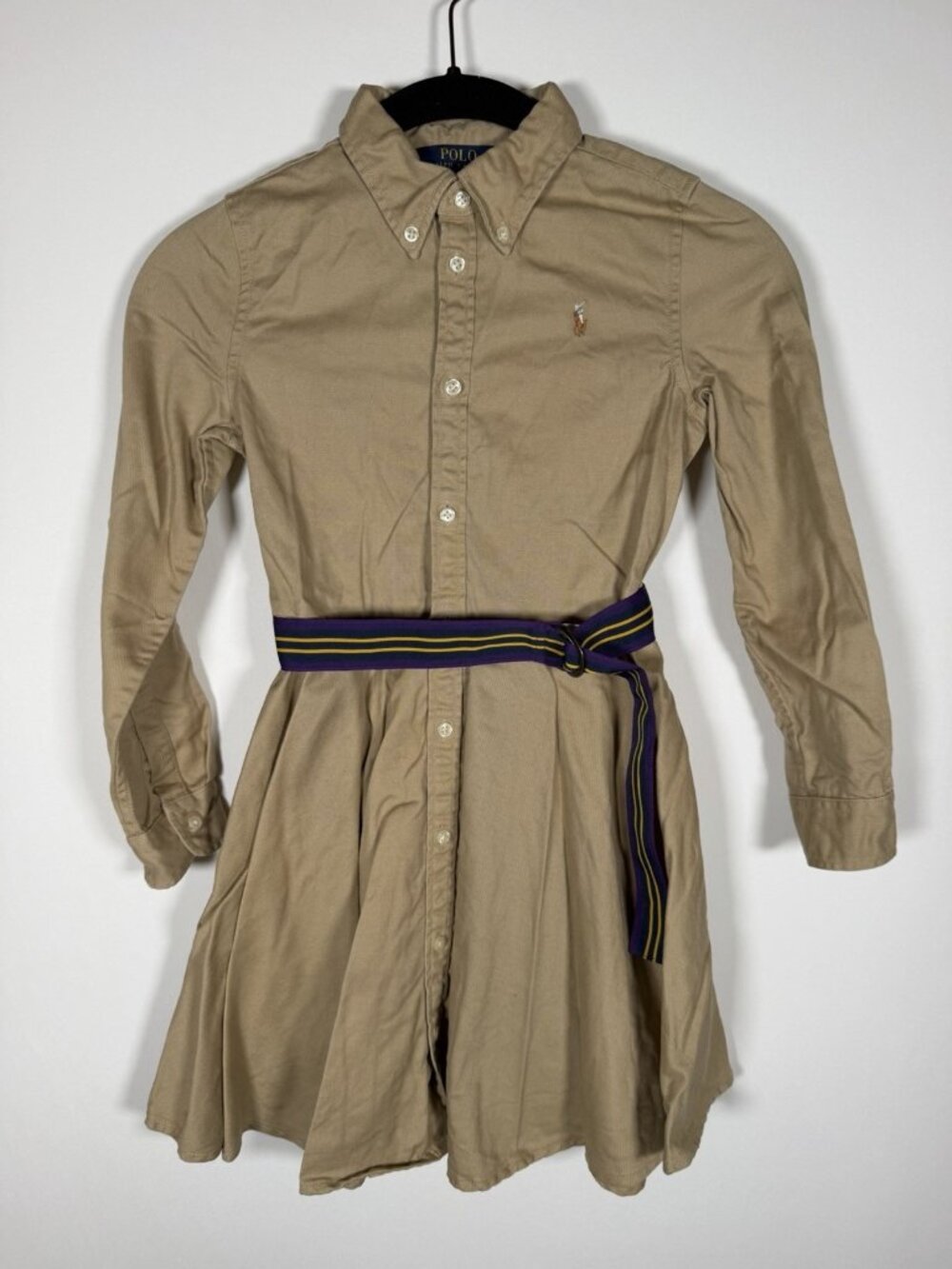 Polo Ralph Lauren khaki shirt dress purple grosgrain belt preppy classic 6X girl